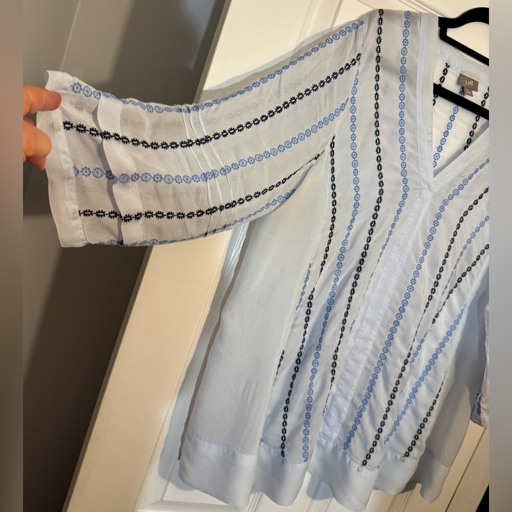 J. Jill Women’s Tunic Blouse V-Neck 3/4 Sleeve Geometric Print Blue Size Large - Picture 2 of 13